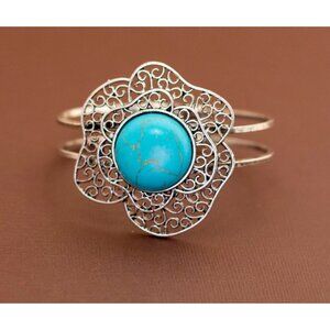Vintage Teal Sphere Floral Silver Bangle Bracelet 7 inch - U13